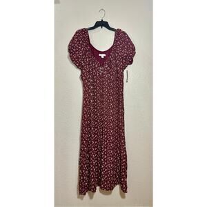 Treasure & Bond Burgundy Floral Puff-Sleeve Midi Dress, NWT